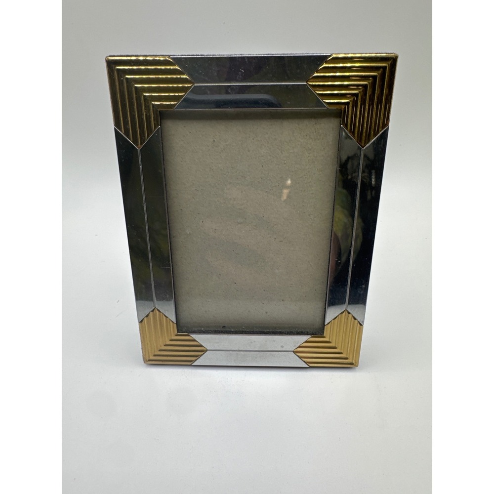 Vintage Art Deco Two Tone Gold Silver Ribbed Metal Picture Frame 3.5x4.5